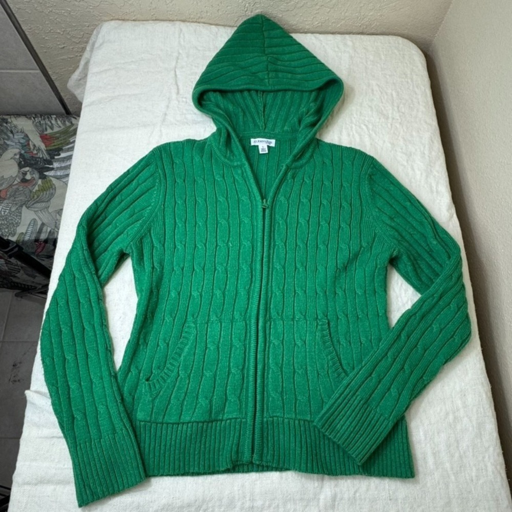 St. John's Bay Cable Knit Hooded Cardigan Sweater Women L Green Preppy Old Money - Picture 12 of 12